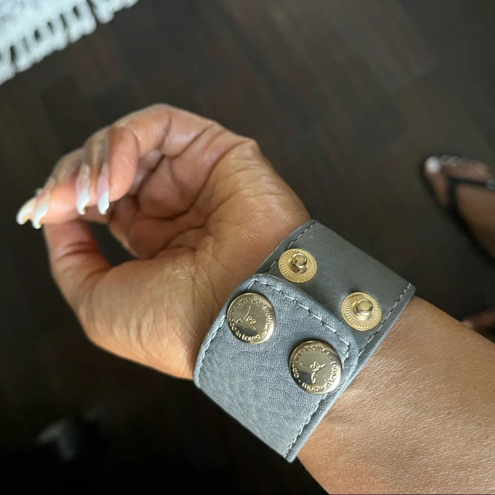 Gray Leather Collier De Chen Style Bracelet w/ Gold Hardware - Picture 3 of 5